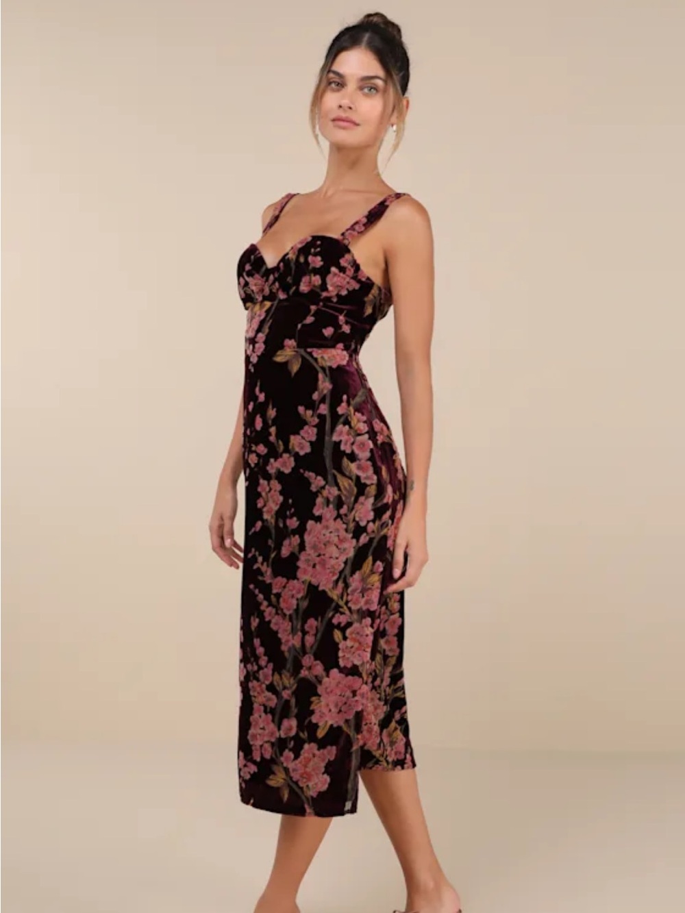 Lulu's Romantic Stunner Plum Floral Burnout Velvet Lace-Up Dress Medium - Picture 4 of 7